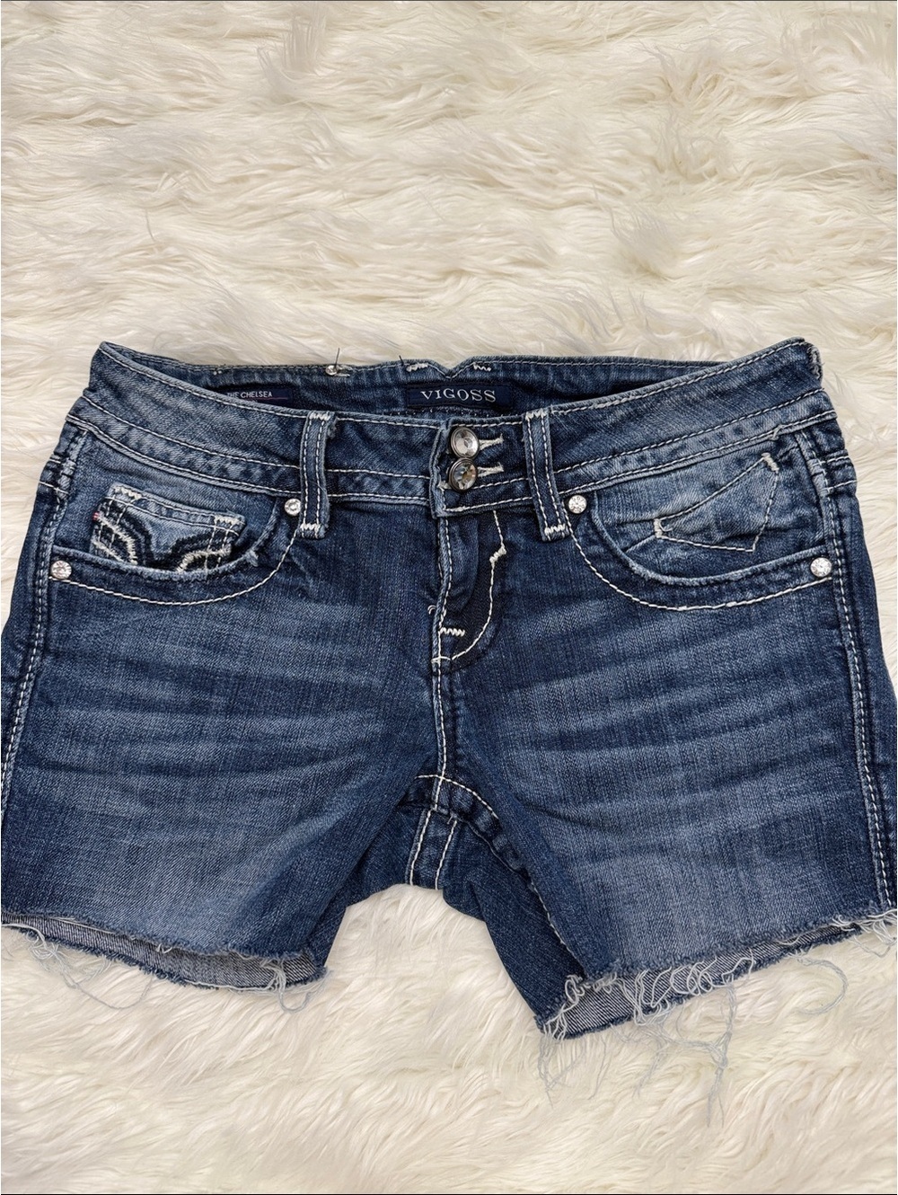 Vigoss Chelsea Denim Shorts with Crystal Button Detail